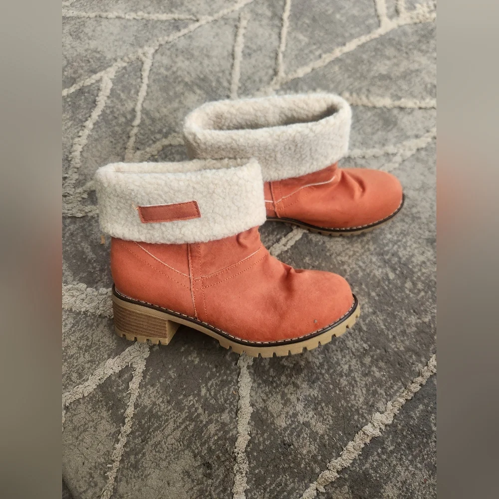 Cozy Orange Suede Ankle Boots with Fuzzy Faux Fur Lining With A Block Heel